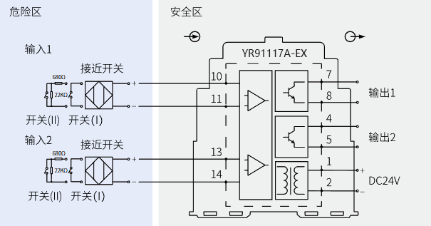 二入二出开关量安全栅(晶闸管输出)接线图